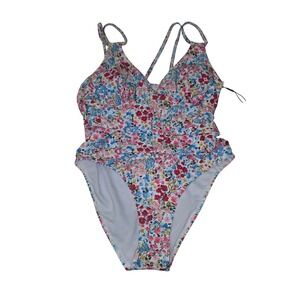 AIMAGE Floral‎ One Piece Swimsuit Women Large Multicolor V-Neck Cutout Back NWT